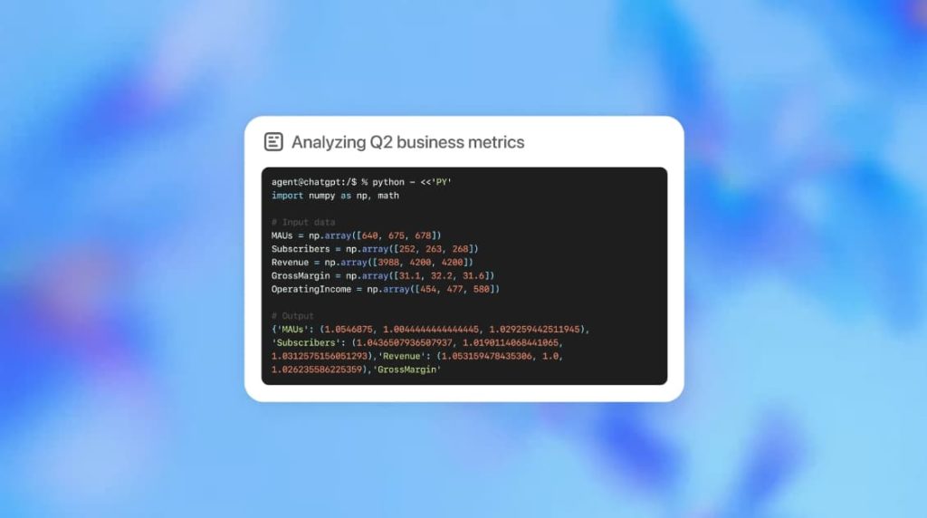 Code Python exécuté par l’agent ChatGPT pour analyser les indicateurs financiers du deuxième trimestre