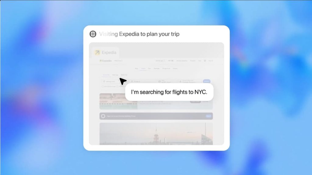 Interface de l’agent ChatGPT effectuant une recherche de vol pour New York sur le site Expedia